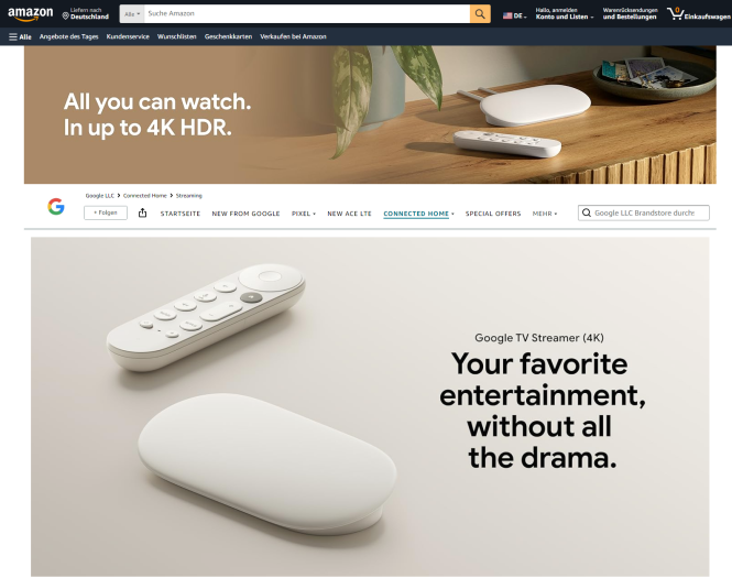 Die Store-Seite zum Google TV Streamer auf Amazon.com existiert noch - eine Bestellung des Produkts ist aber nicht möglich (Bild: Amazon/Screenshot: Golem.de)
